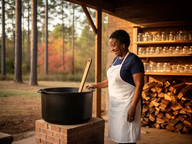 A woman with short natural hair beside new equipment in a small syrup and preserves shop.