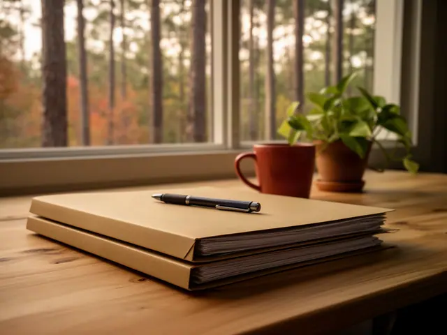 A neat stack of closed manila folders and a pen on a desk by a window.