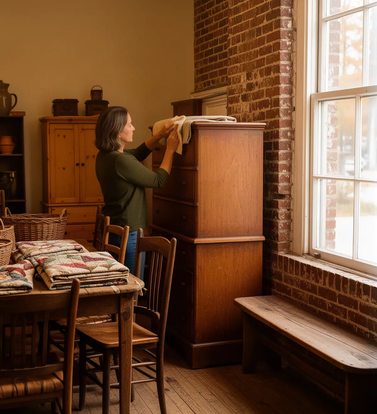 An antique-shop owner dusting a tall wooden dresser among old furniture and folded quilts in her brick-walled shop.
