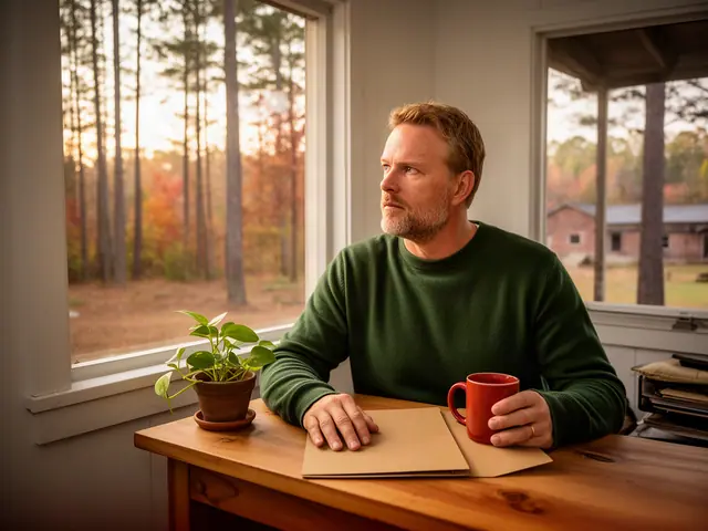 A man with short sandy hair at a desk with a folder and a mug in a small back office.