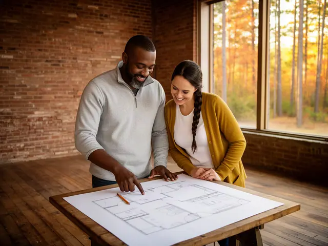 Two business partners looking over a pencil floor sketch in an empty storefront.