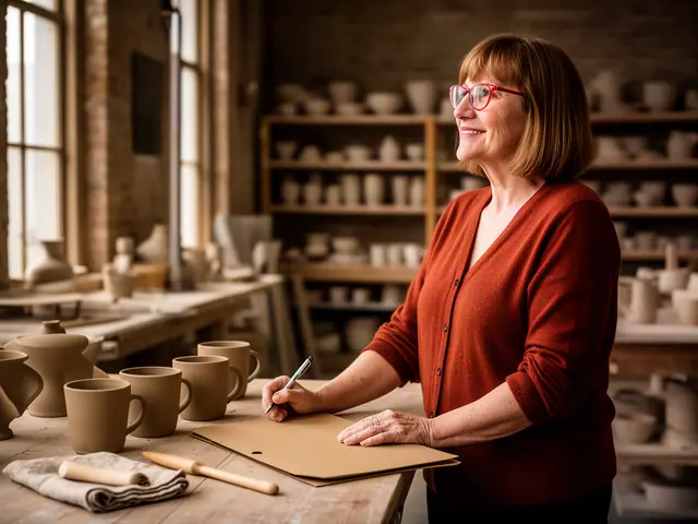 A woman with a light-brown bob and red-framed glasses at a work table with a closed folder in a small pottery studio.